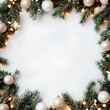 © dreamdes - Frame of fir branches, garland lights and ornament on white background. Christmas and New Year celebration. Holiday decorations. Top view, flat lay with copy space