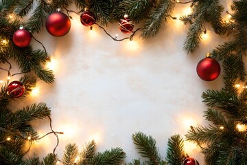 Frame of fir branches, garland lights and ornament on white background. Christmas and New Year celebration. Holiday decorations. Top view, flat lay with copy space