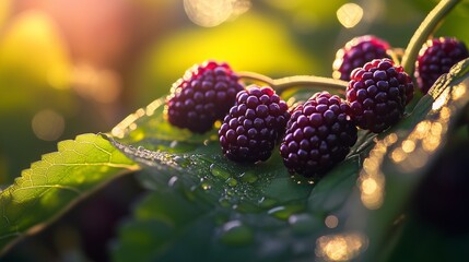 Fresh blackberries with water droplets on green leaves in sunlight