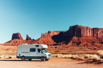 Camper van set up at a desert campsite, red rock formations in the background