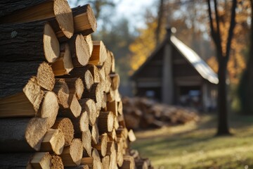 Close-Up of Woodpile with Forest Background