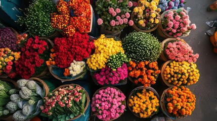 A dynamic photograph of a flower market with an array of colorful bouquets, capturing the essence of a lively and vibrant marketplace