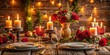© Collection - Romantic holiday table setting with candles, flowers, and tableware on a rustic wooden background