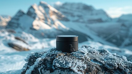 a jar of liquid shilajit resin stands on a snow-covered rock, while the majestic peaks of the himala