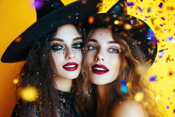 Two Diverse Friends in Witch Costumes Celebrating Halloween with Confetti