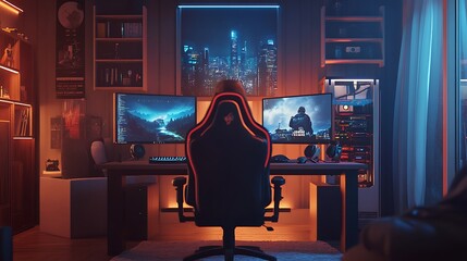 Modern Gamer Room with RGB Lighting and City Skyline View