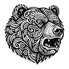 grizzly bear in zentangle art, stencil logo, black and white animal illustration