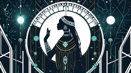 A tarot card featuring a high priestess, glowing geometric runes, art deco background, white and celestial, vivid colors