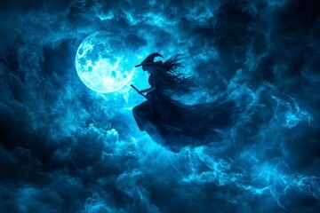 Witch flying on broomsticks under full moon at night casting spells in sky, magic halloween concept