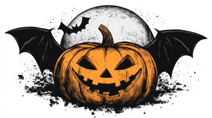 Poster - Halloween Jack-O'-Lantern with Bat Wings and Full Moon