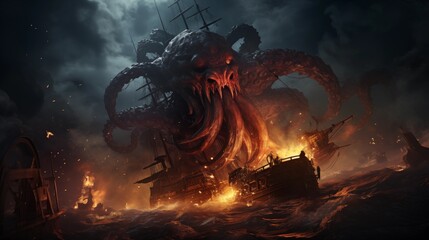 Wall Mural - A giant octopus kraken monster attacking a pirate ship in the dark ocean