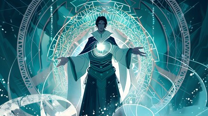 A tarot card featuring an enchanter, glowing geometric runes, art deco background, white and celestial, vivid colors