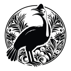 Cassowary bird with art nouveau decoration, stencil logo, black and white animal illustration