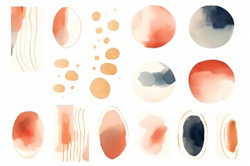 Wall Mural - Abstract elements. Terracotta, blue, orange, blush, pink, ivory, beige watercolor Illustration and gold elements, on white background. Abstract modern print set. Logo. Wall art. Poster. Business card 