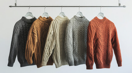 warm sweaters hanging against a white background.