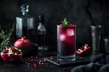 Pomegranate Cocktail with Ice and Mint Garnish