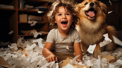 a playful hyperactive cute blond toddler child and a dog misbehaving and making a huge mess in a living-room, throwing around things and shredding paper. Studio light