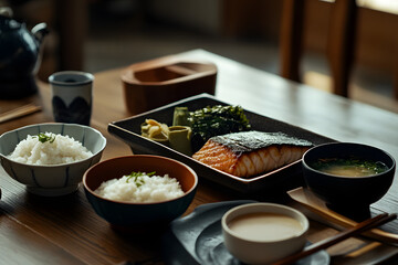 Wall Mural - Japanese Food  Grilled Salmon  Rice  Miso Soup  Seaweed  Japanese Cuisine