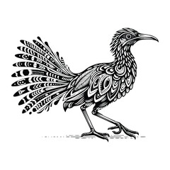 Roadrunner bird in zentangle art, stencil logo, black and white animal illustration