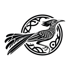 Roadrunner bird with art nouveau decoration, stencil logo, black and white animal illustration