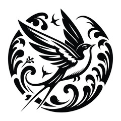 Wall Mural - Swallow bird with victorian flourish decoration, stencil logo, black and white animal illustration