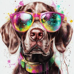 Sticker -   A canine in shades with a collar and splattered paint face