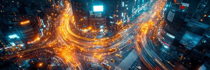 A busy city intersection at night, with the dynamic movement of vehicles, creates a fascinating pattern of light paths