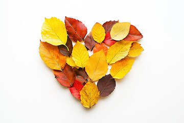 A heart-shaped arrangement of colorful autumn leaves in shades of yellow, orange, red, and brown on a white background