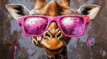 Canvas Print -   A giraffe wearing pink sunglasses and painted face in a painting