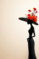 A stylized silhouette of a Catrina figure wearing a large wide-brimmed hat adorned with vibrant orange flowers. Elegant pose highlights the traditional Day of the Dead with a modern artistic twist.