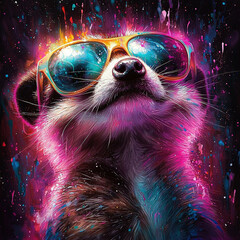 Poster -   Raccoon with Sunglasses and Paint Splatters