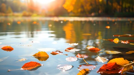 Autumn Leaves Floating on a Calm Pond