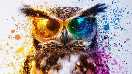 Wall Mural -   Close-up of an owl wearing sunglasses with paint splatters on its face