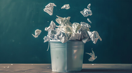 A crumpled white paper with blue writing thrown in a metal trash bin.