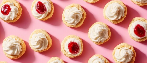 A row of small pastries with a pink background