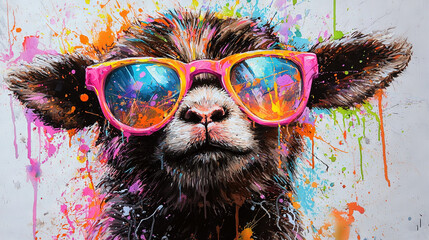 Canvas Print -   A painting of a sheep wearing sunglasses with colorful splatters on its face against a white backdrop