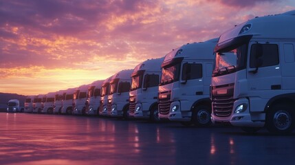 A fleet of parked trucks is poised, waiting for the break of dawn to begin their crucial deliveries, while the vibrant colors of the sky serve to beautify the surrounding industrial environment