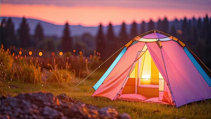 Tourist tent against the background of beautiful evening nature, a burning fire in nature,