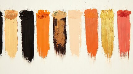 Wall Mural -   A palette of varied hues painted onto a white canvas, featuring streaks of black, orange, yellow, and red