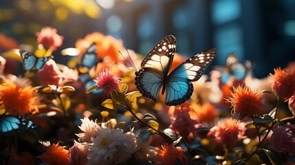 Butterflies flying over colorful blooming flowers in an urban park, demonstrating the importance of providing habitat for local wildlife in the cityscape