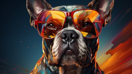 Cartoon colorful dog with sunglasses on white background. Bulldog.