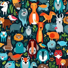 seamless abstract pattern with leaves and animals