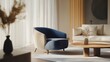 © Bilal - Blue armchair and beige sofa in japandi, minimalist interior design of modern living room