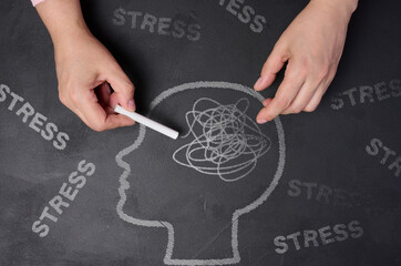 Chalk-drawn silhouette of a human head, a hand writing the word stress on a black chalkboard, representing the concept of mental health