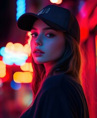 Wall Mural - Young woman in a baseball cap poses with neon lights at night