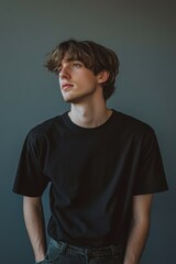 Wall Mural - Young male model in casual black attire poses against gray backdrop