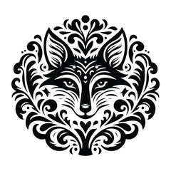 Wall Mural - Fox with victorian flourish decoration, stencil logo, black and white animal illustration