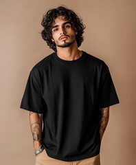 Canvas Print - Stylish male model poses in a black shirt against a neutral backdrop