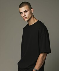 Canvas Print - Stylish male model posing confidently in simple black attire indoors