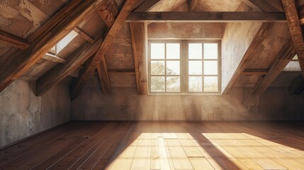 Sticker - Empty room with wood flooring and skylights visible in attic loft window photo